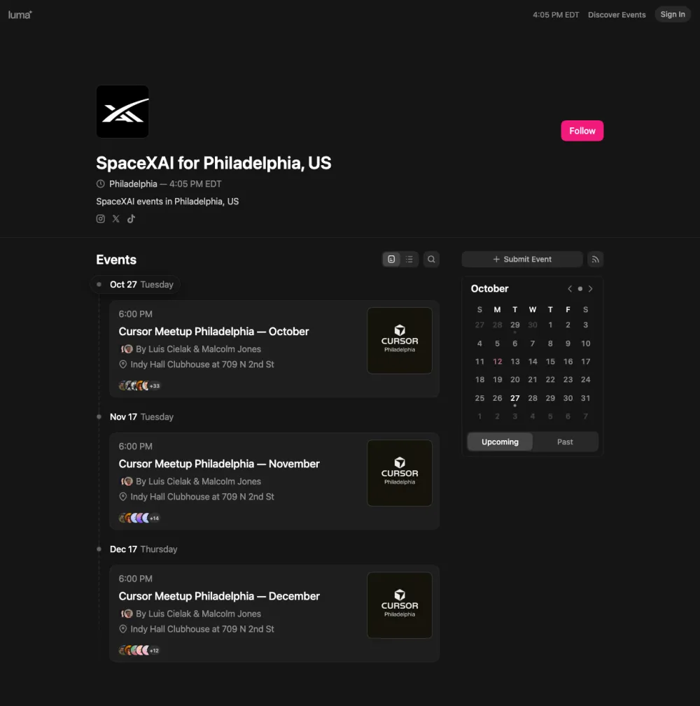 Luma calendar page listing Cursor Meetup Philadelphia on Oct 27, Nov 17, and Dec 17 at 6:00 PM at Indy Hall Clubhouse at 709 N 2nd St