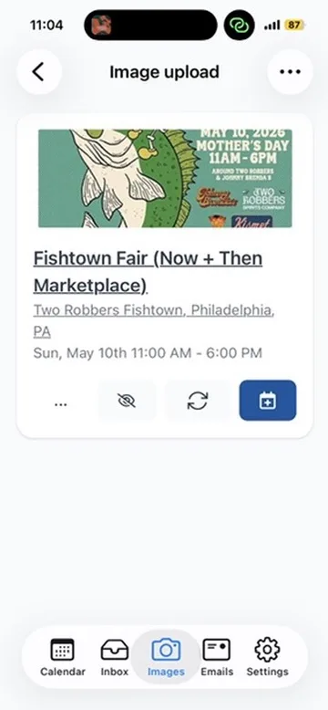 Calendar Vision app showing the Fishtown Fair event extracted from the Instagram screenshot, with title, date, time, and location filled in