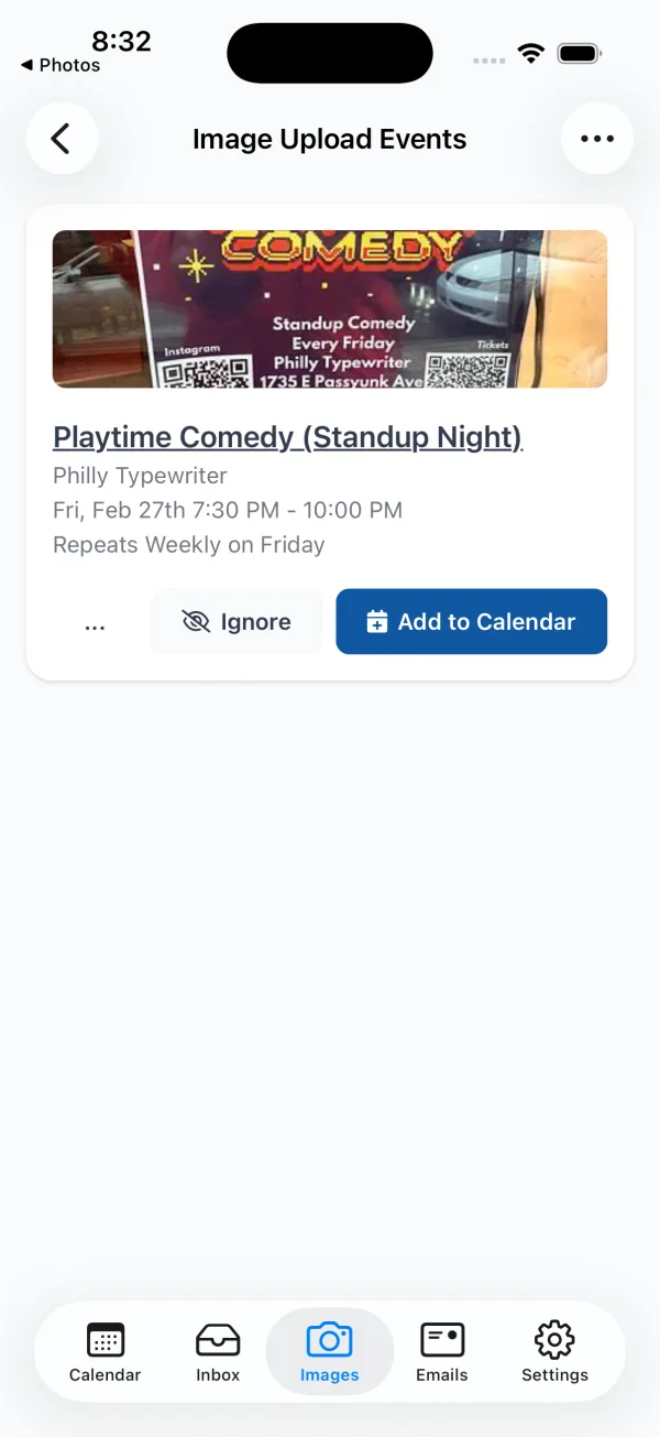 Calendar Vision inbox showing 'Playtime Comedy (Standup Night)' at Philly Typewriter, Fri Feb 27th 7:30–10:00 PM, Repeats Weekly on Friday, with an Add to Calendar button