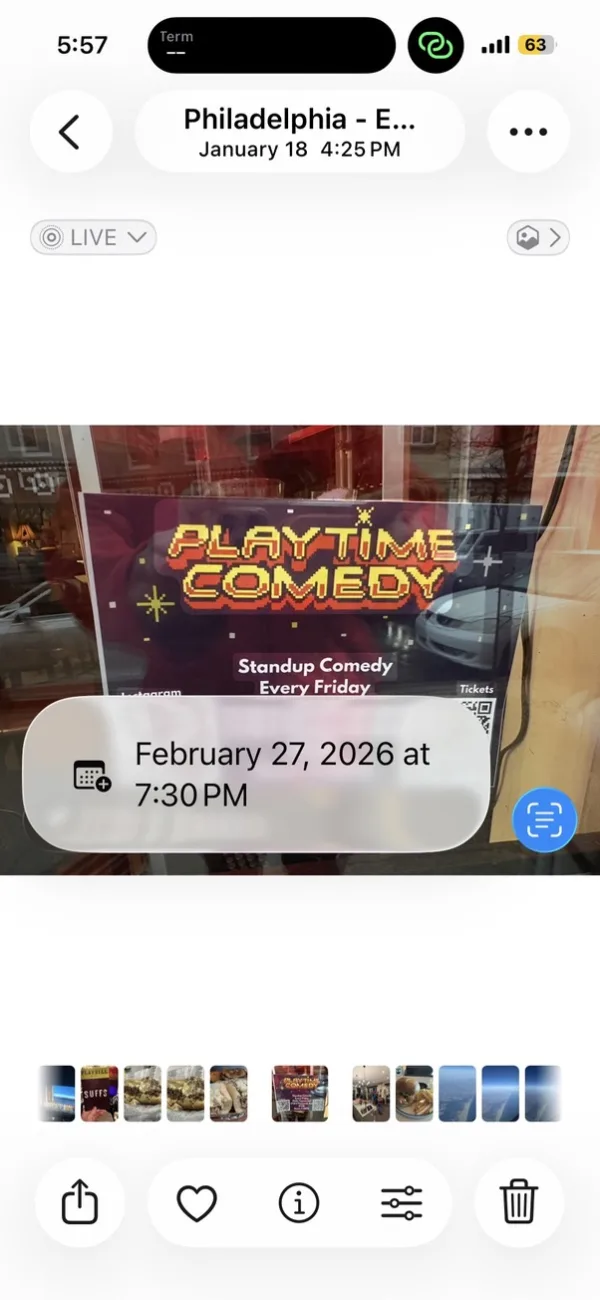 iOS Photos showing the Playtime Comedy flyer with a 'February 27, 2026 at 7:30 PM' tooltip