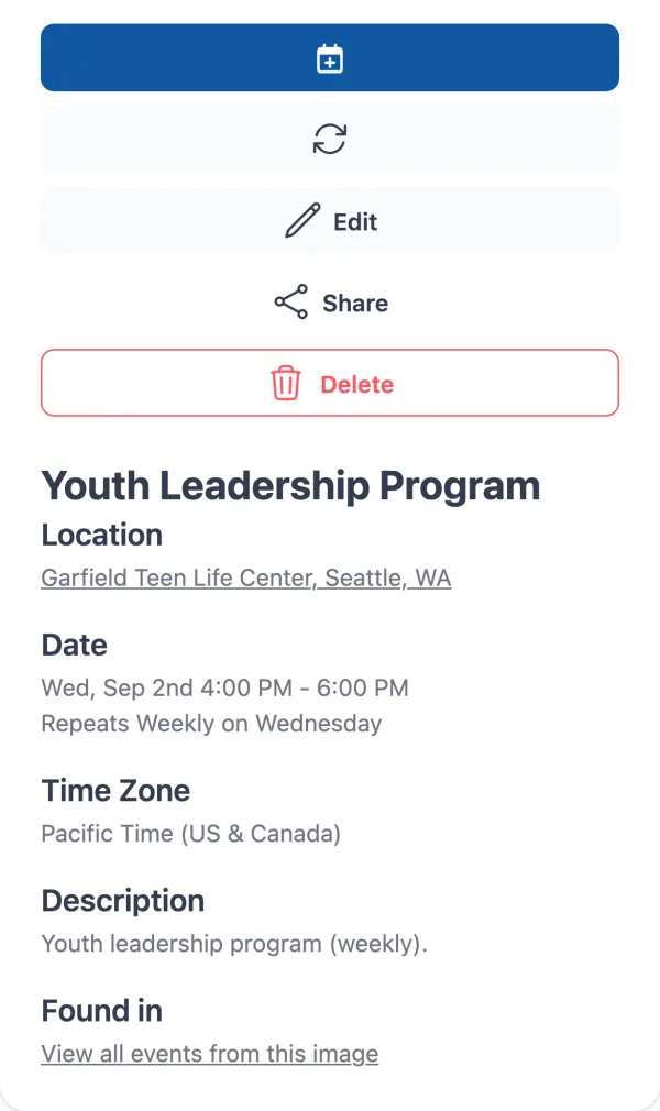Calendar Vision event details for Youth Leadership Program: location Garfield Teen Life Center, Seattle, WA, date Wed, Sep 2nd 4:00 PM - 6:00 PM, Repeats Weekly on Wednesday, time zone Pacific Time, and the description Youth leadership program (weekly)