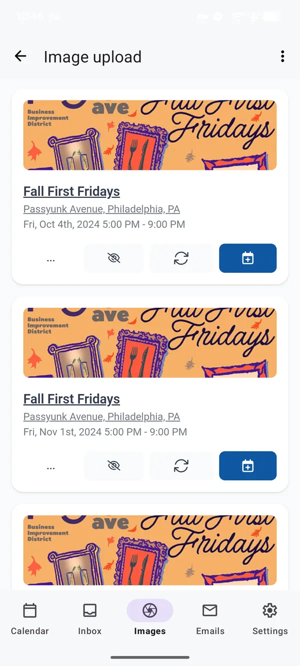 Calendar Vision on Android showing separate Fall First Fridays events on Passyunk Avenue, Philadelphia, for Fri Oct 4th and Fri Nov 1st, 5:00 PM to 9:00 PM, each with hide, sync, and add-to-calendar buttons