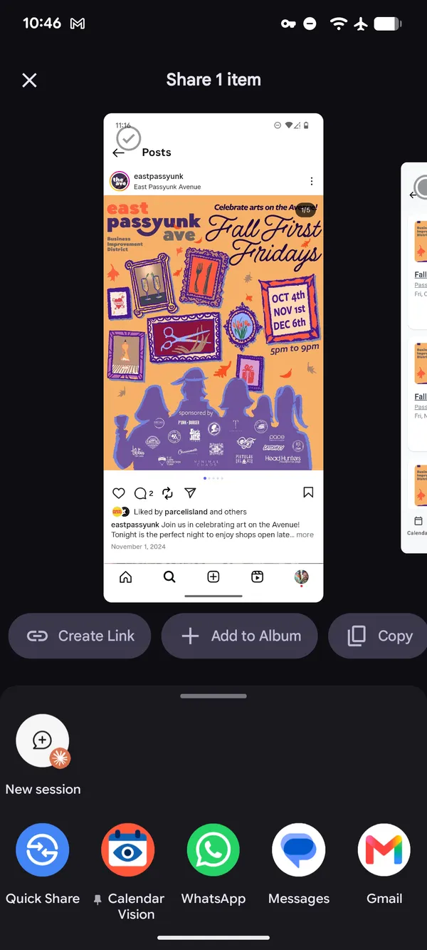 Android share sheet for the Fall First Fridays screenshot with Calendar Vision listed next to Quick Share, WhatsApp, Messages, and Gmail