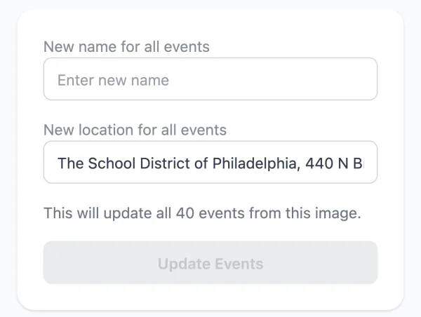 Calendar Vision Bulk Edit Events form with fields for a new name and a new location for all events, and the note: This will update all 40 events from this image