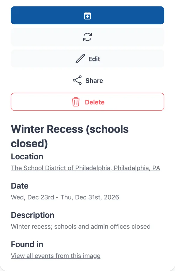 Calendar Vision event details for Winter Recess (schools closed), Wed, Dec 23rd to Thu, Dec 31st, 2026, with the description: Winter recess; schools and admin offices closed