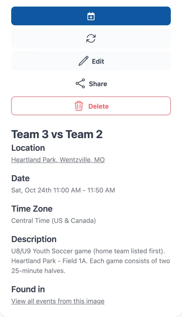 Calendar Vision-Ereignisdetails für Team 3 vs Team 2: Ort Heartland Park, Wentzville, MO, Datum Sa., 24. Okt., 11:00 – 11:50, Zeitzone Central Time und eine Beschreibung mit dem Hinweis auf den späteren Beginn wegen des Spooktacular 5K