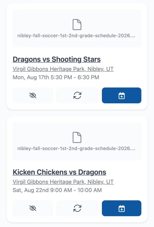 Calendar Vision-Ereignisliste aus nibley-fall-soccer-1st-2nd-grade-schedule-2026.pdf, gefiltert auf die Dragons: Dragons vs Shooting Stars im Virgil Gibbons Heritage Park, Nibley, UT am Mo., 17. Aug., 17:30 – 18:30, dann Kicken Chickens vs Dragons am Sa., 22. Aug., 9:00 – 10:00