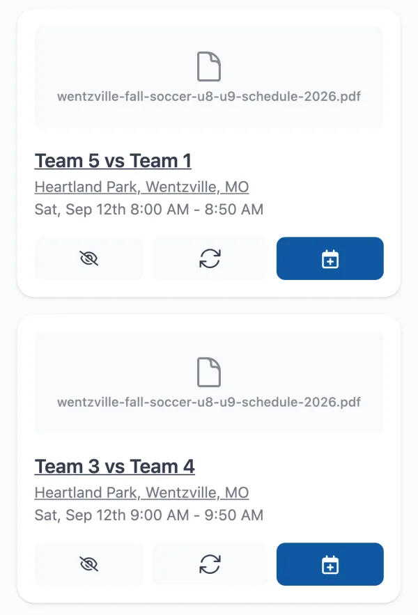 Calendar Vision-Ereignisliste aus wentzville-fall-soccer-u8-u9-schedule-2026.pdf: Team 5 vs Team 1 im Heartland Park, Wentzville, MO am Sa., 12. Sept., 8:00 – 8:50, dann Team 3 vs Team 4 um 9:00 – 9:50, jeweils mit Schaltflächen zum Ignorieren, Synchronisieren und Hinzufügen zum Kalender