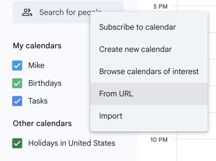 Google Calendar menu next to Other calendars with Subscribe to calendar, Create new calendar, Browse calendars of interest, From URL, and Import