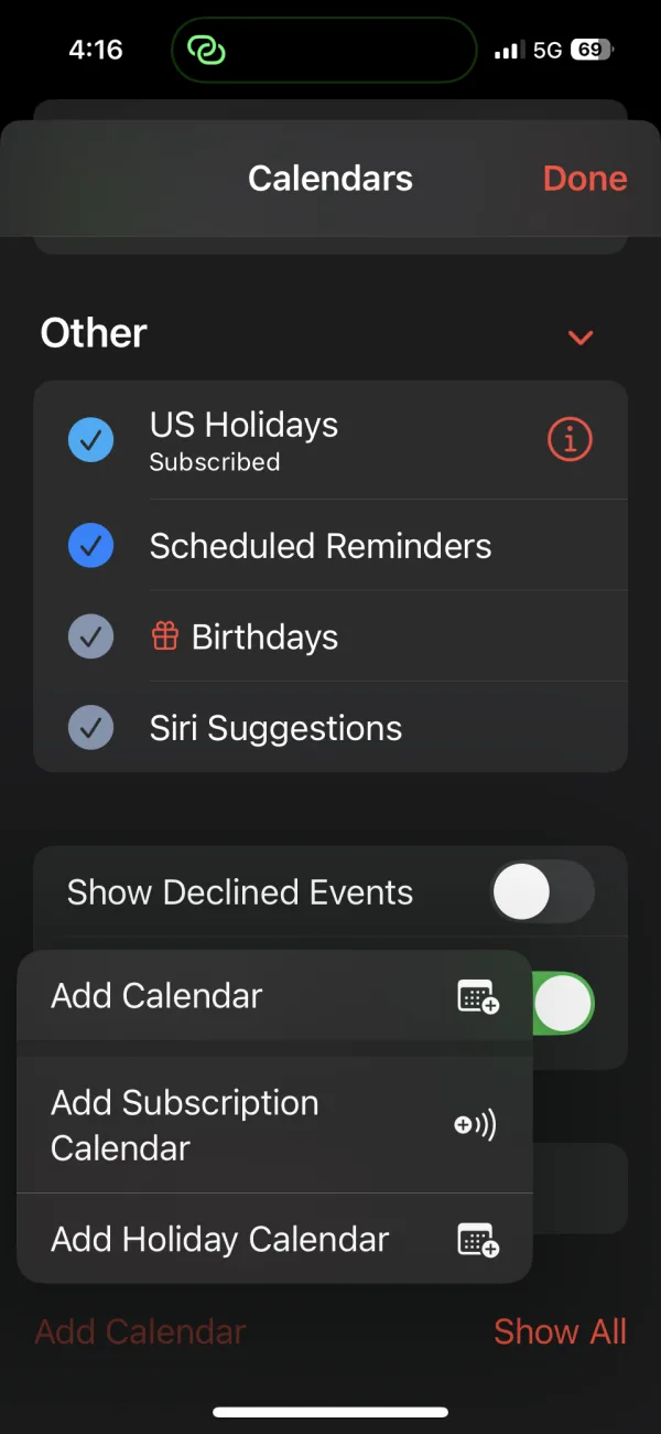 iPhone Calendars screen with a menu open showing Add Calendar, Add Subscription Calendar, and Add Holiday Calendar