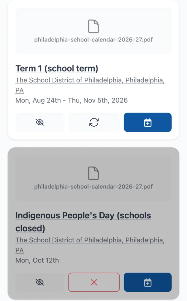 Two Calendar Vision event cards: Term 1 with ignore, sync, and add buttons, and Indigenous People's Day grayed out after syncing, with its sync button replaced by a red X