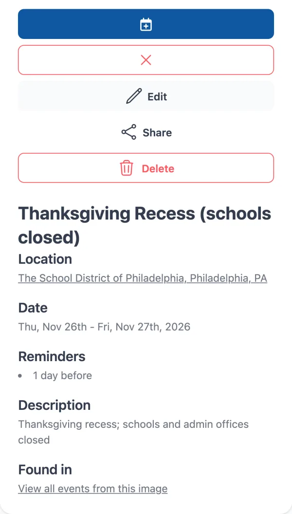Calendar Vision event details for Thanksgiving Recess (schools closed), Thu, Nov 26th to Fri, Nov 27th, 2026, synced with an X button to unsync, and a reminder 1 day before