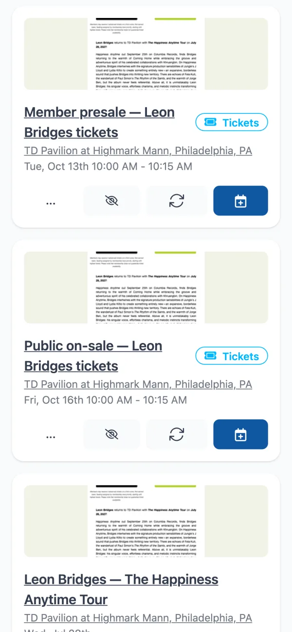 Calendar Vision inbox showing 'Member presale — Leon Bridges tickets' on Tue, Oct 13th from 10:00 to 10:15 AM and 'Public on-sale — Leon Bridges tickets' on Fri, Oct 16th from 10:00 to 10:15 AM, each with a Tickets badge, followed by the Leon Bridges show