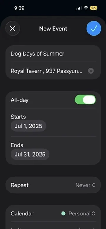 iOS New Event screen prefilled with the extracted event, ready to add to the calendar