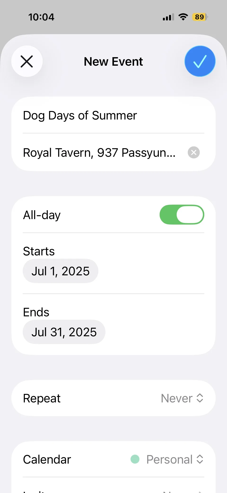 iOS New Event screen prefilled with the extracted event, ready to add to the calendar