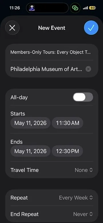iOS New Event screen prefilled with the Members-Only Tours details, ready to add to the calendar
