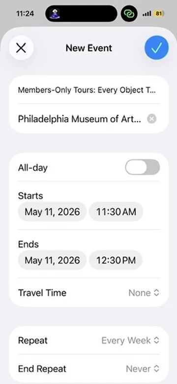 iOS New Event screen prefilled with the Members-Only Tours details, ready to add to the calendar