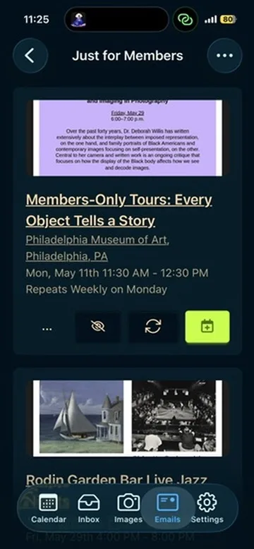 Calendar Vision app showing the Members-Only Tours event extracted from the email