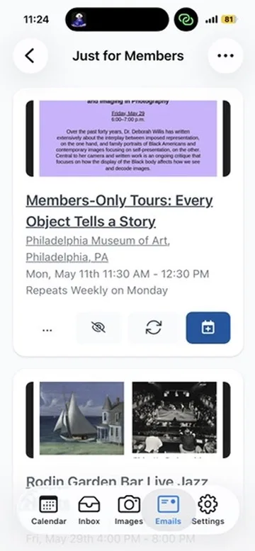 Calendar Vision app showing the Members-Only Tours event extracted from the email
