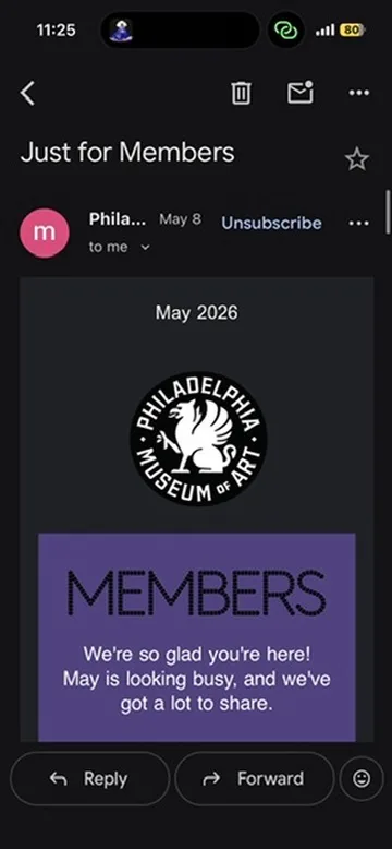Inbox email from the Philadelphia Museum of Art with Members-Only Tours details