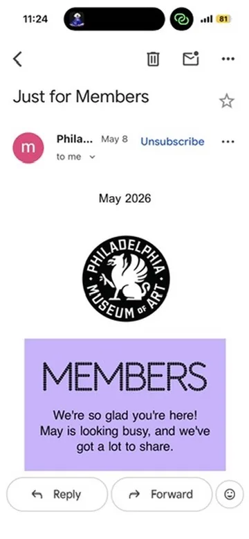 Inbox email from the Philadelphia Museum of Art with Members-Only Tours details