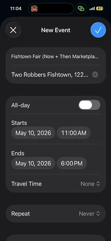 iOS New Event screen prefilled with the Fishtown Fair details, ready to add to the calendar