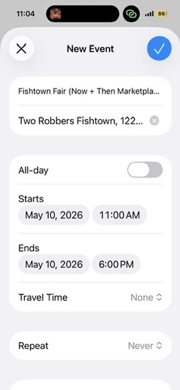 iOS New Event screen prefilled with the Fishtown Fair details, ready to add to the calendar