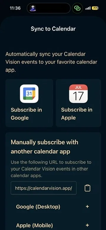 Calendar Vision Sync to Calendar screen with Subscribe in Google and Subscribe in Apple options