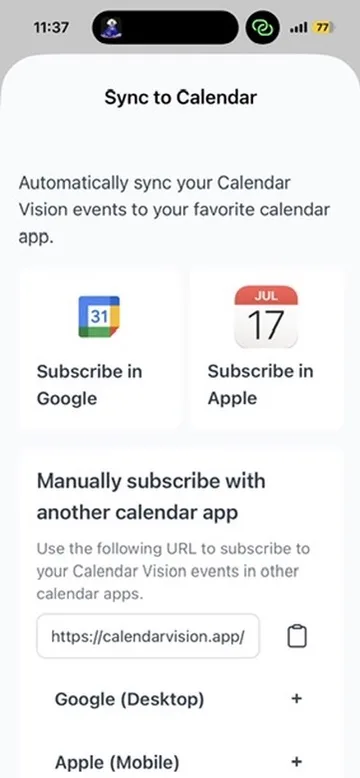 Calendar Vision Sync to Calendar screen with Subscribe in Google and Subscribe in Apple options